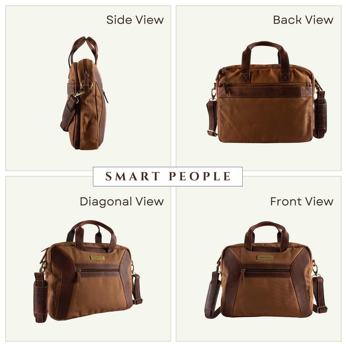 Coder Khaki Canvas Tan Leather Laptop Bag – Detail View by Smart People