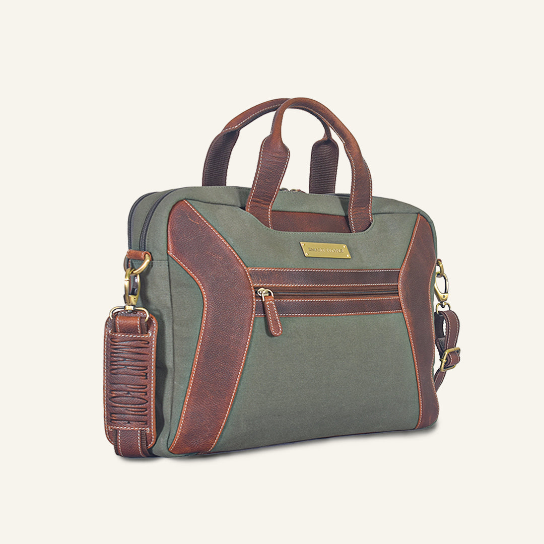 Coder - Dark Green Canvas Tan Leather Laptop Bag