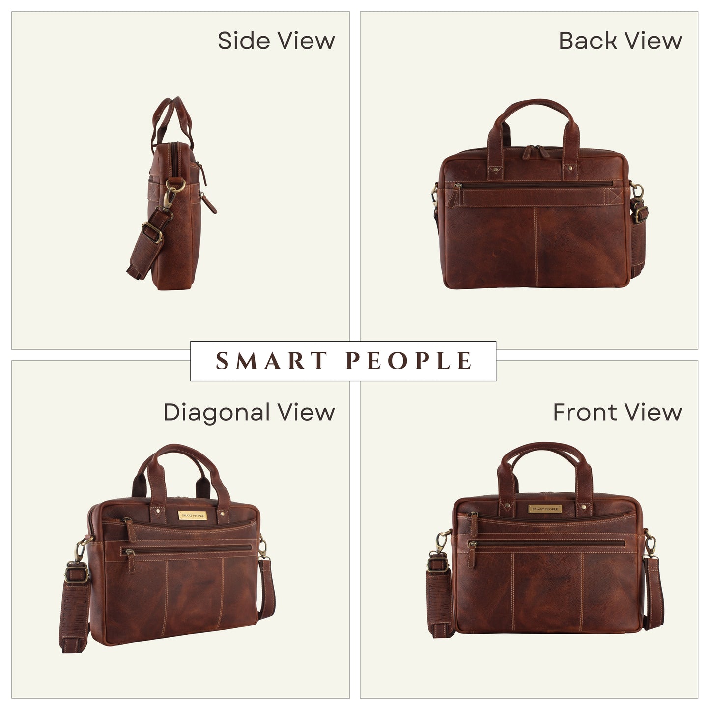 Brown leather briefcase shown from multiple angles on a white background.