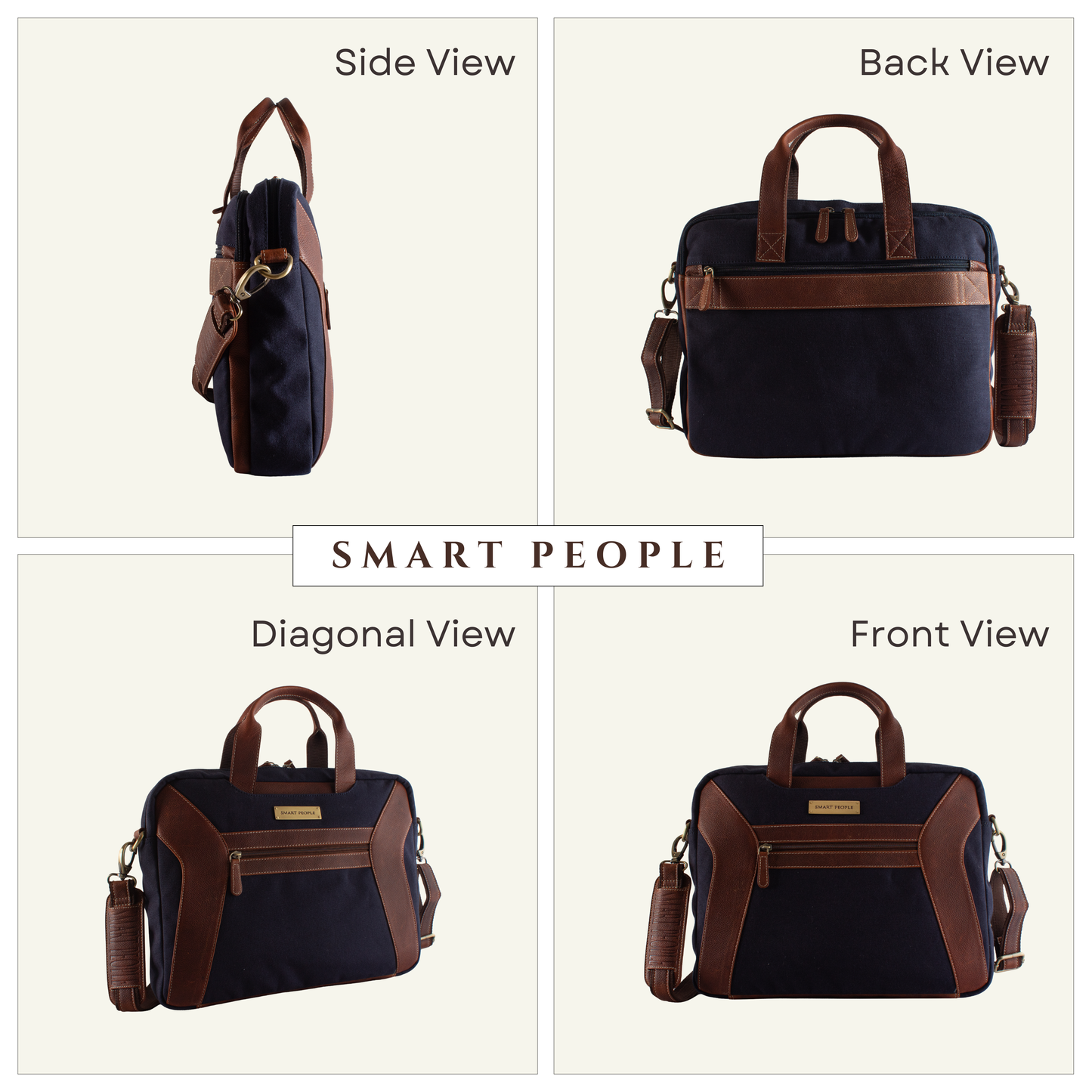 coder navy canvas tan leather laptop bag blue bag with brown handles and straps shown from multiple angles on a beige background.