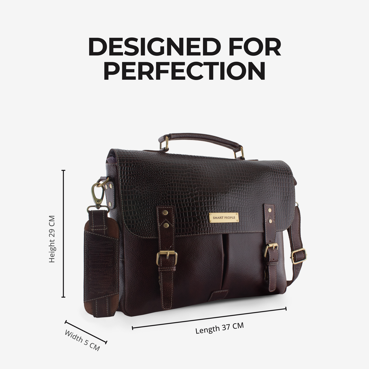 Brown leather briefcase with measurements on a white background