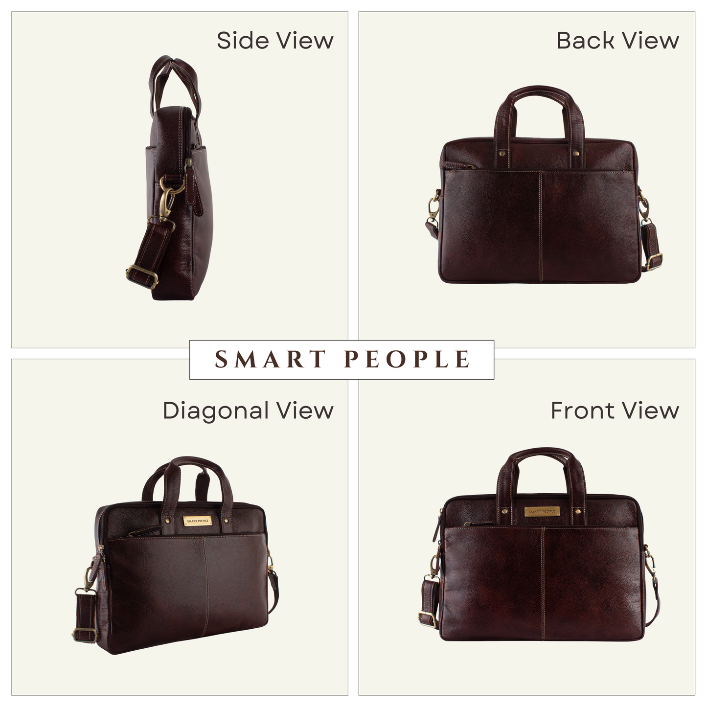 Brown leather briefcase shown from multiple angles with 'Smart People' branding.