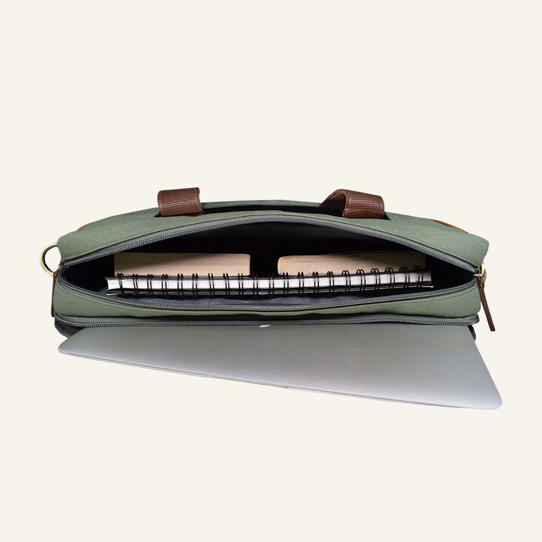 Coder - Dark Green Canvas Tan Leather Laptop Bag