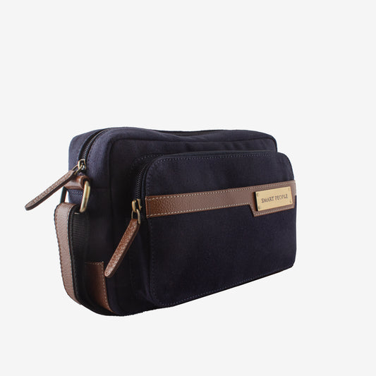 Sam - Navy Blue Canvas Brown Leather Crossbody Bag