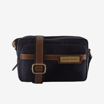 Sam Navy Blue Canvas Brown Leather Crossbody Bag for Men – Side View | Smart People India