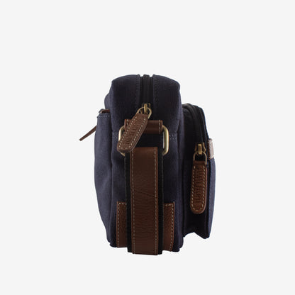 Sam Navy Blue Canvas Brown Leather Crossbody Bag for Men – Back View | Smart People India