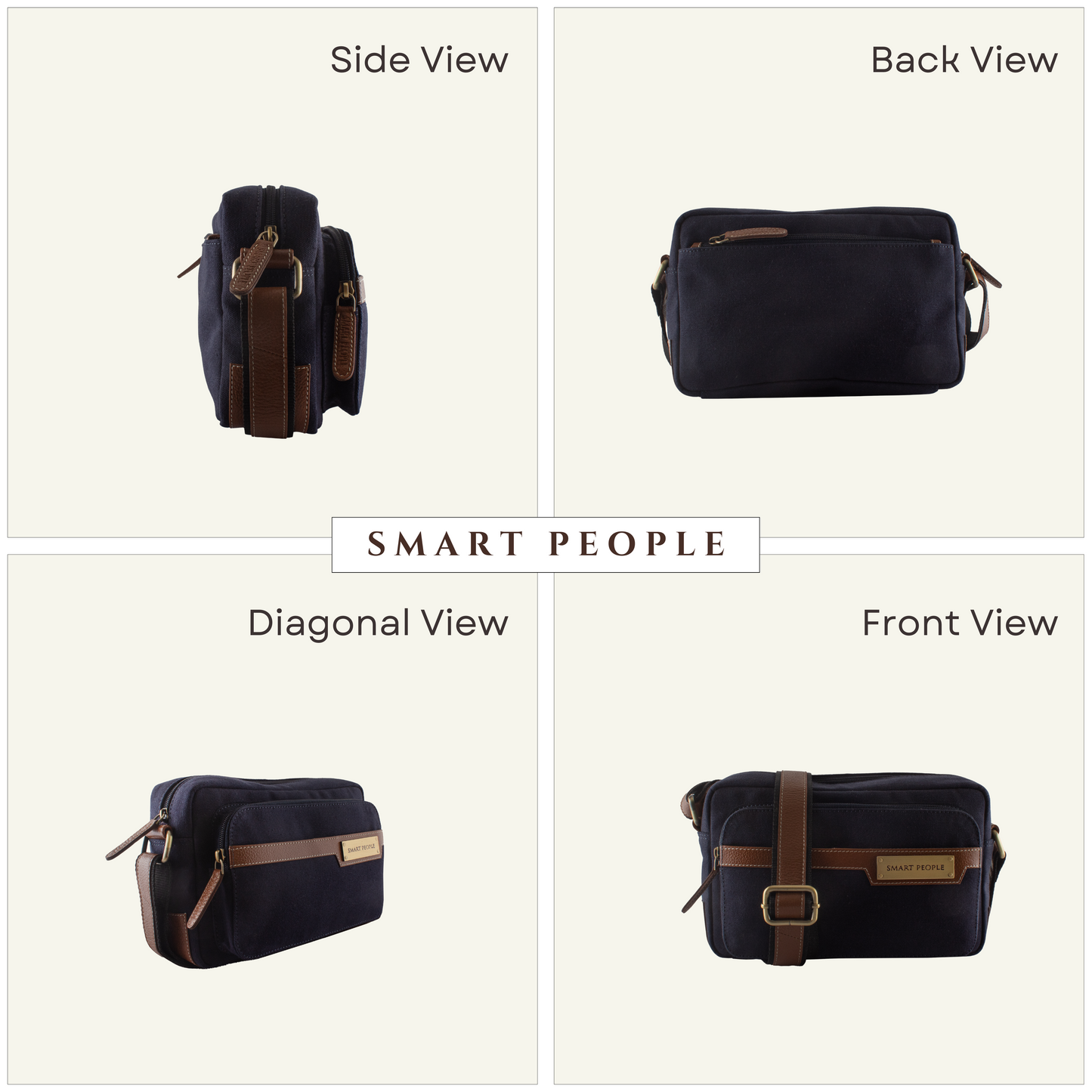 Sam - Navy Blue Canvas Brown Leather Crossbody Bag