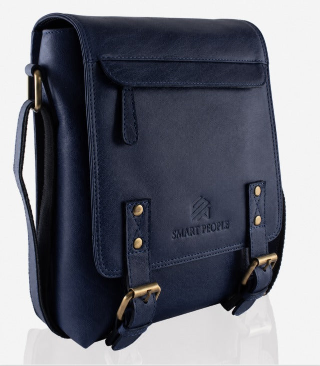 Navy blue leather crossbody side bag with gold accents on a white background