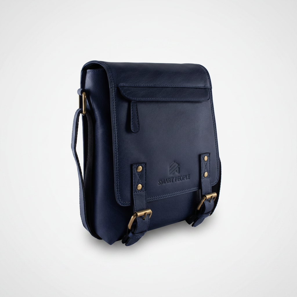 A navy blue leather messenger bag with gold-tone hardware, featuring a front flap pocket, buckle straps, and a visible 'SMART PEOPLE' logo on the front, set against a light gray background.