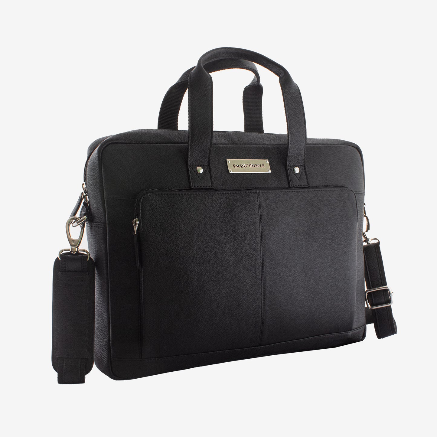 auditor black leather laptop bag or briefcase with shoulder strap on a white background