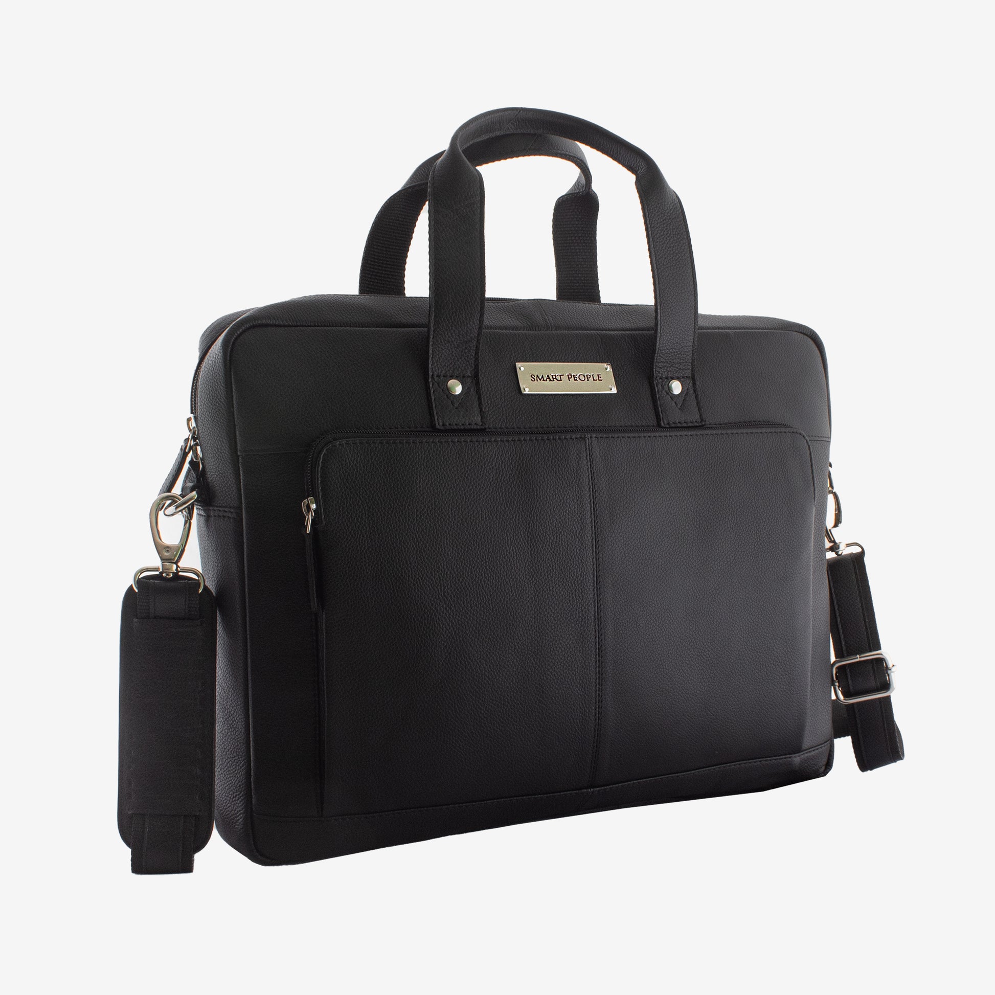 auditor black leather laptop bag or briefcase with shoulder strap on a white background