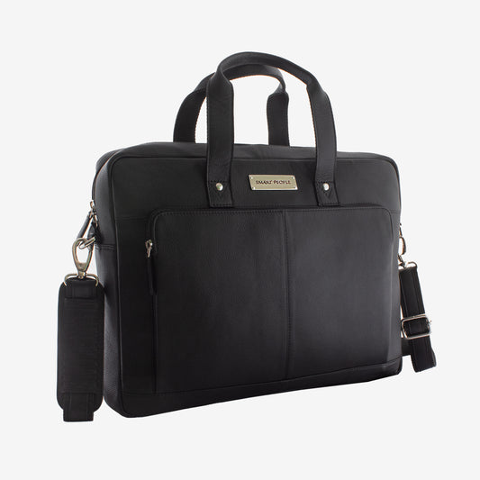 auditor black leather laptop bag or briefcase with shoulder strap on a white background