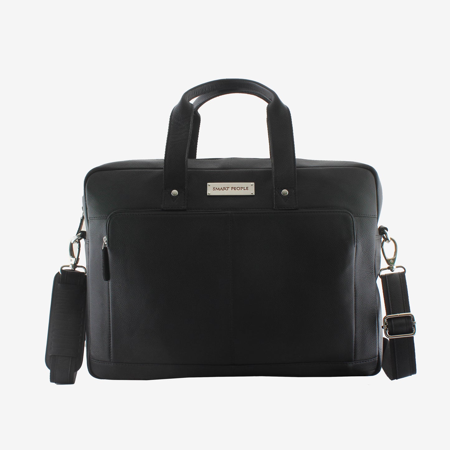 auditor black leather laptop bag or briefcase with shoulder strap on a white background