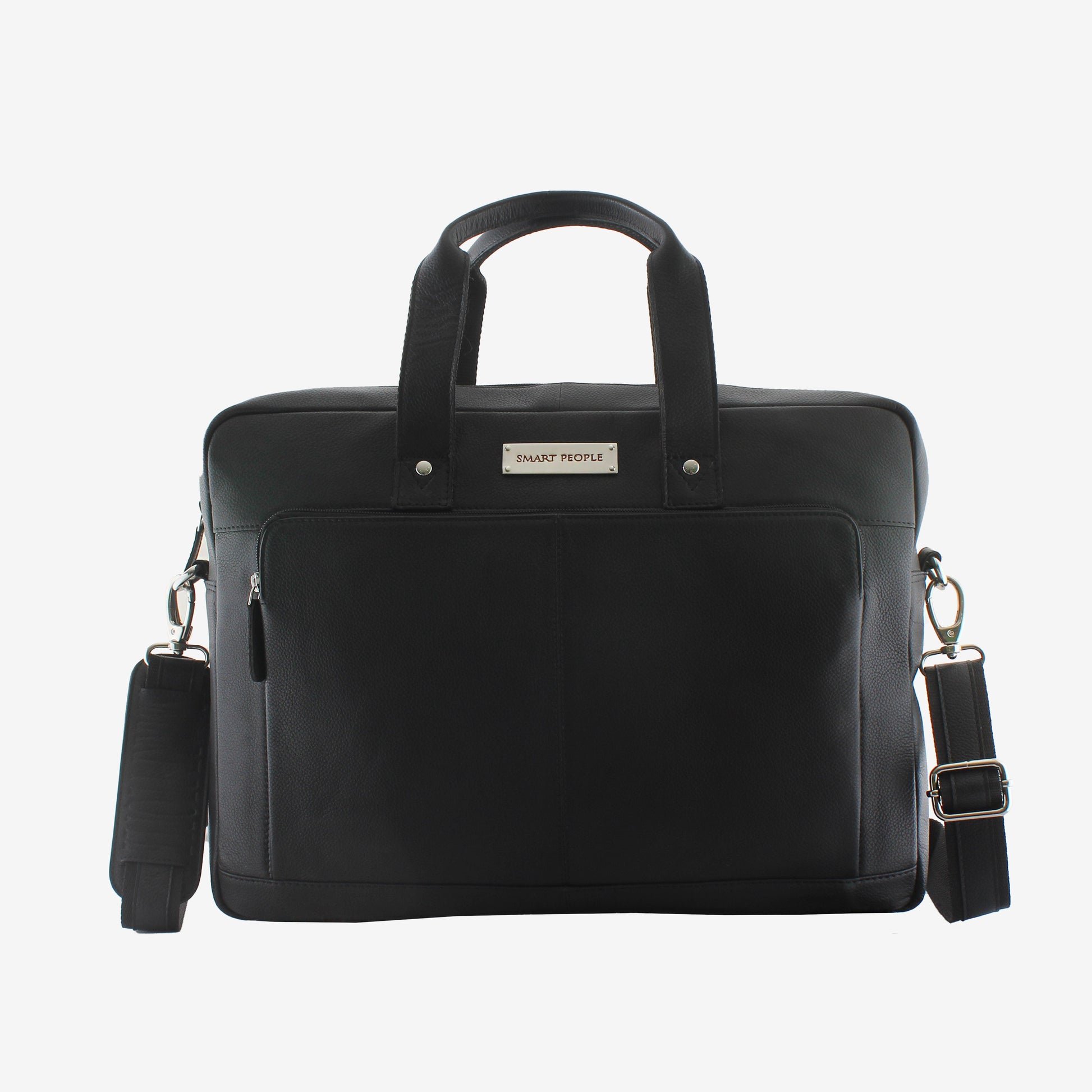 auditor black leather laptop bag or briefcase with shoulder strap on a white background