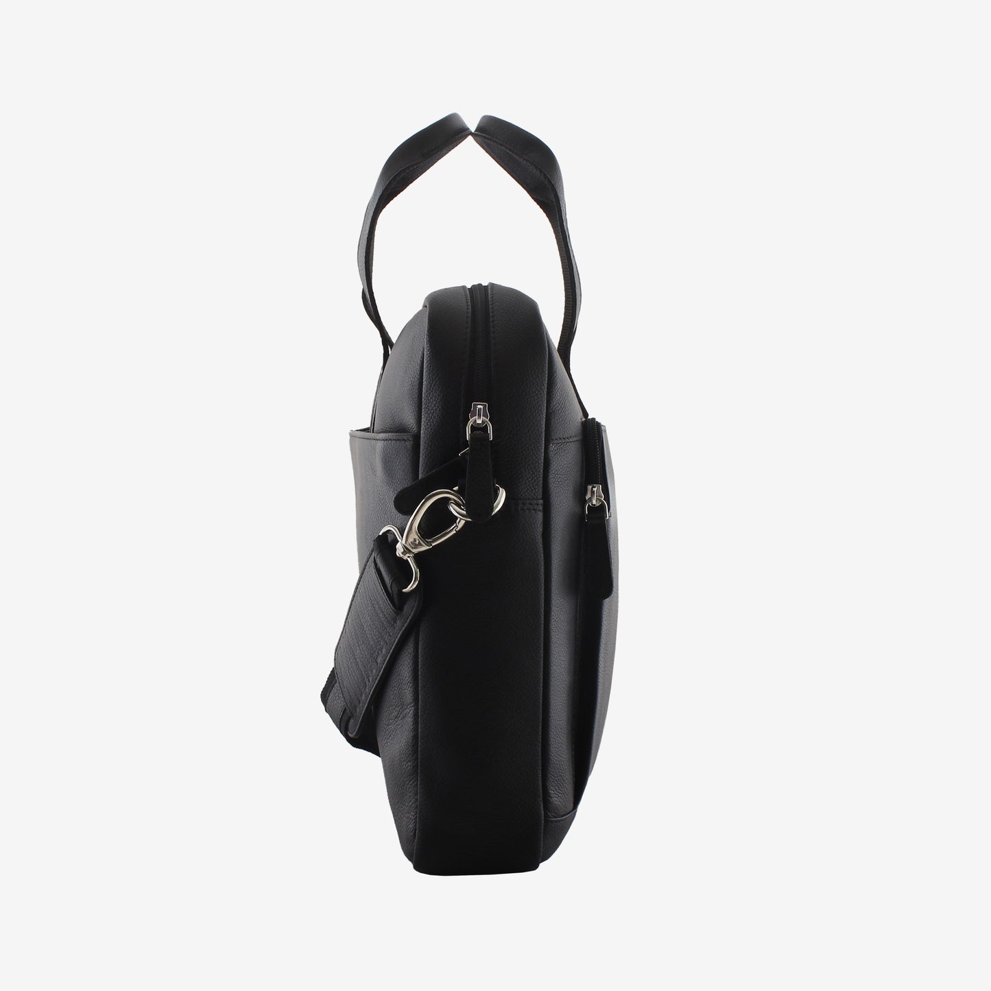 Black leather handbag with a shoulder strap on a white background