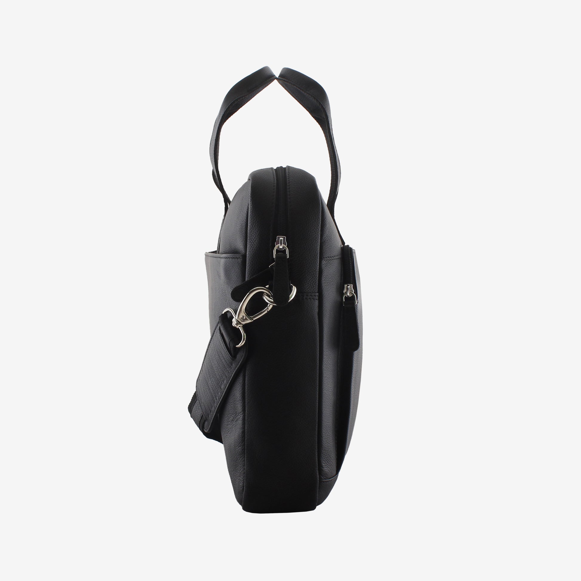 Black leather handbag with a shoulder strap on a white background