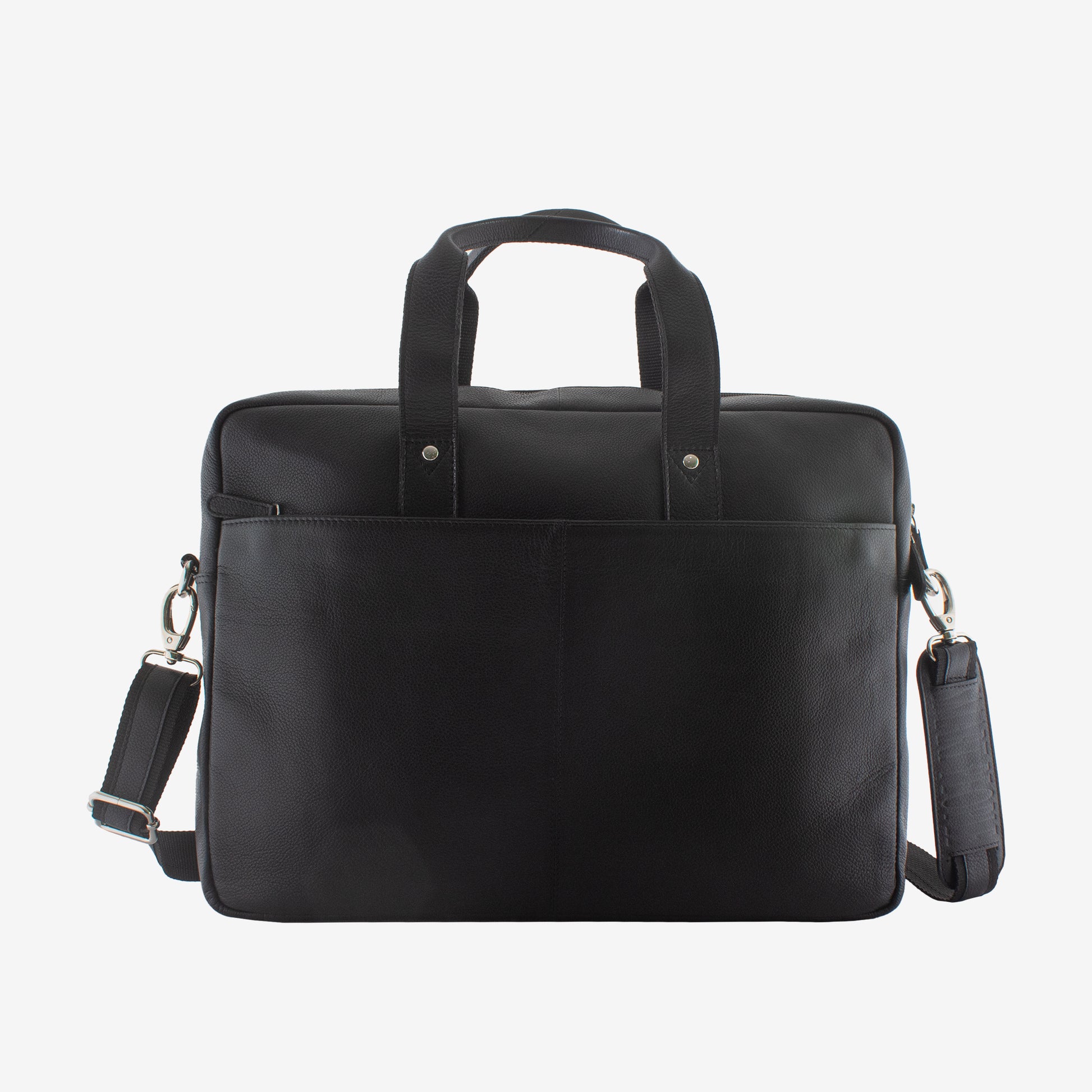Black leather briefcase with shoulder strap on a white background