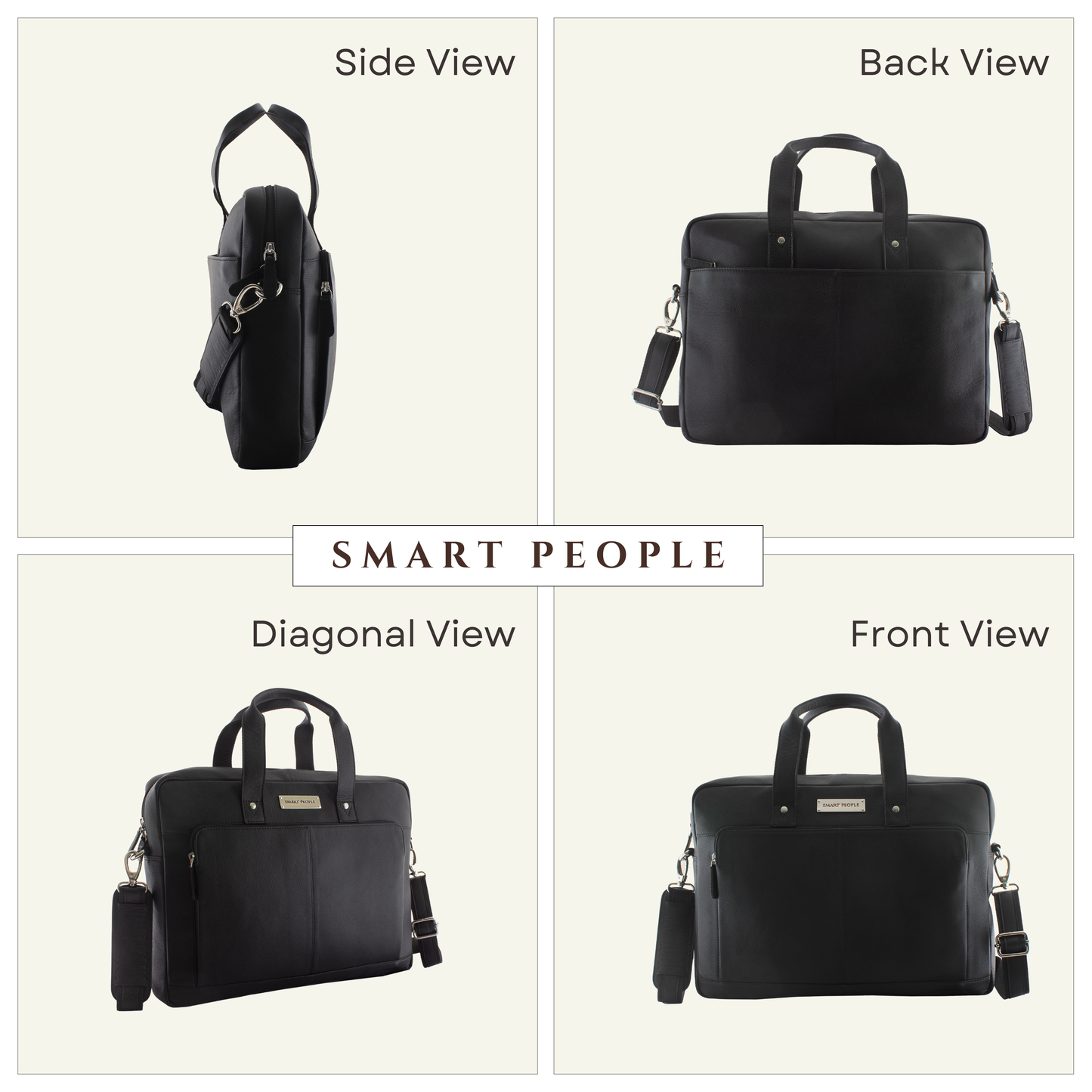 Black briefcase shown from multiple angles with 'Smart People' branding.