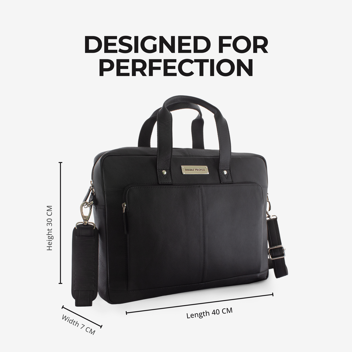 Black briefcase with dimensions labeled on a white background