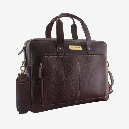 auditor brown leather laptop bag or briefcase with a visible brand label on a white background
