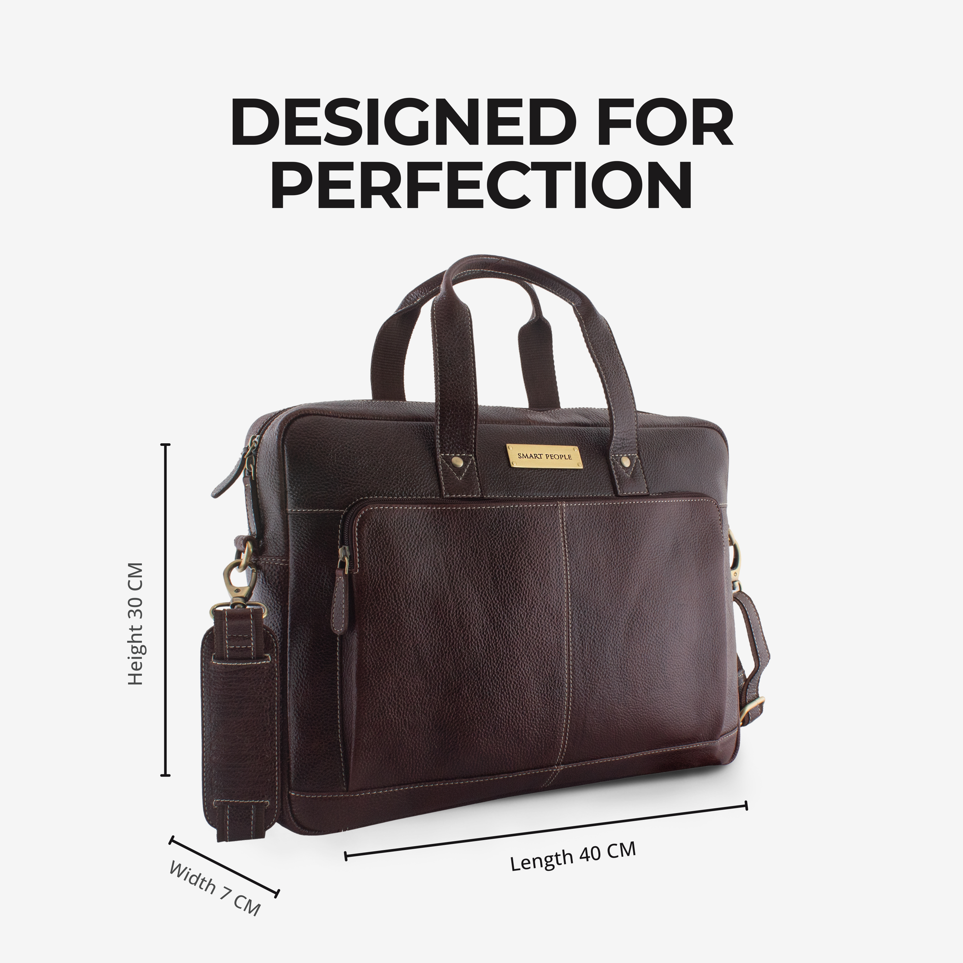 Brown leather briefcase with measurements and 'Designed for Perfection' text on a white background