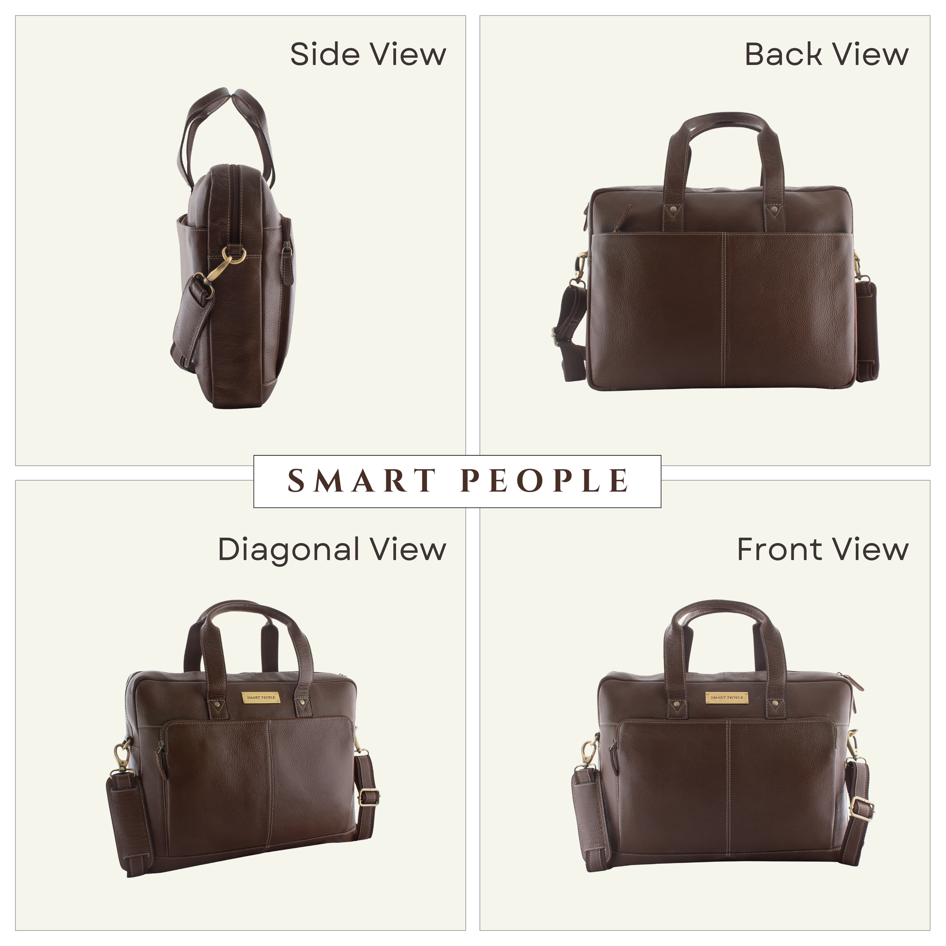 auditor brushwood leather laptop bag briefcase shown from multiple angles on a white background with 'Smart People' branding.