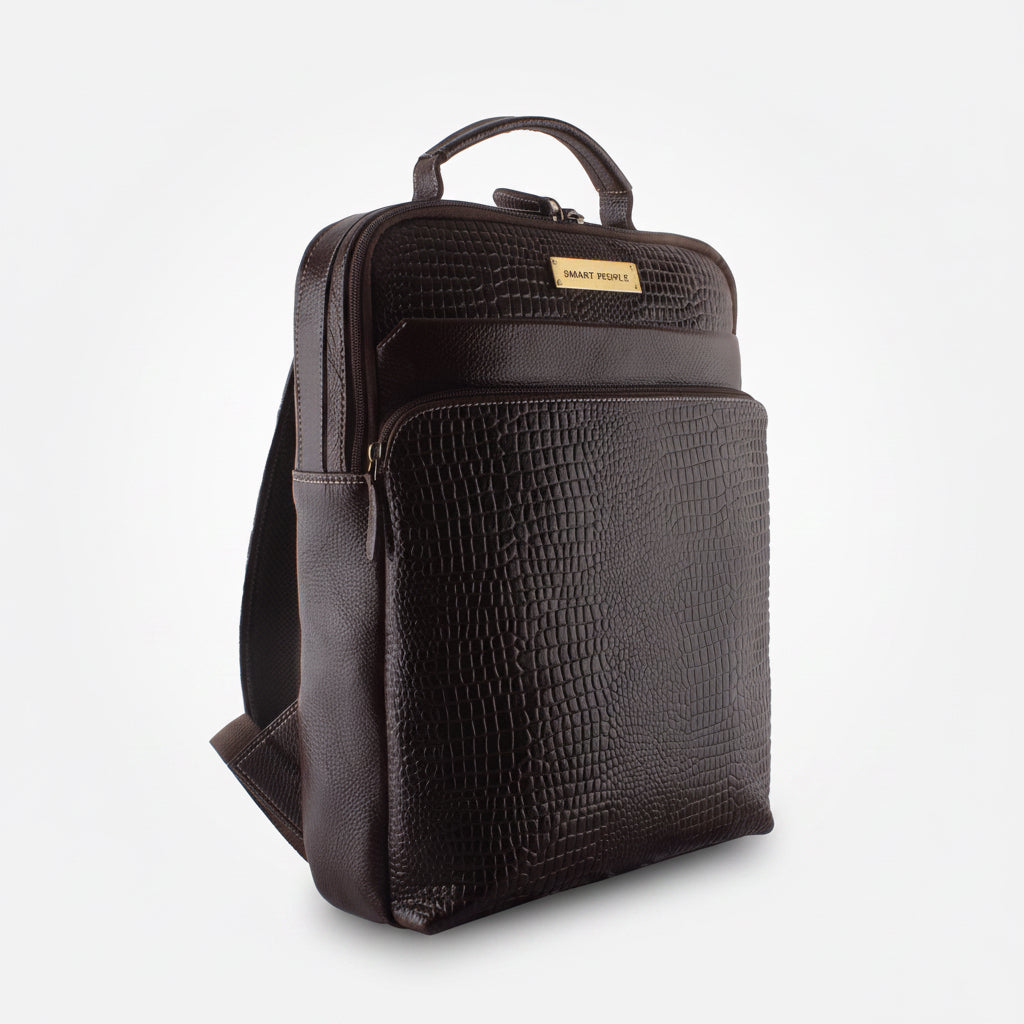 Black textured backpack on a white background
