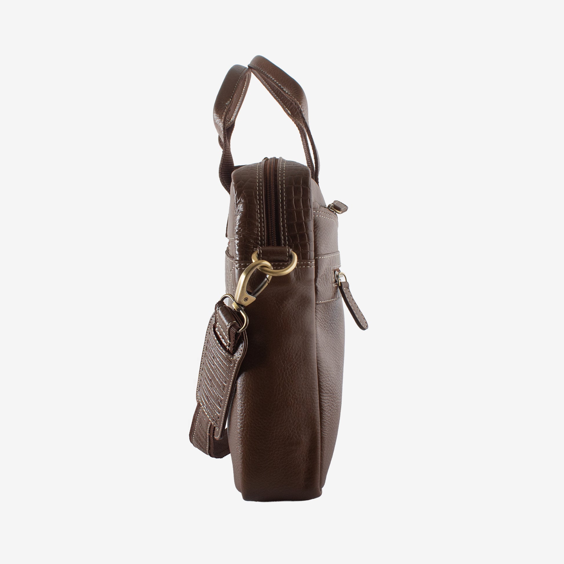 Brown leather handbag with gold clasp on a white background