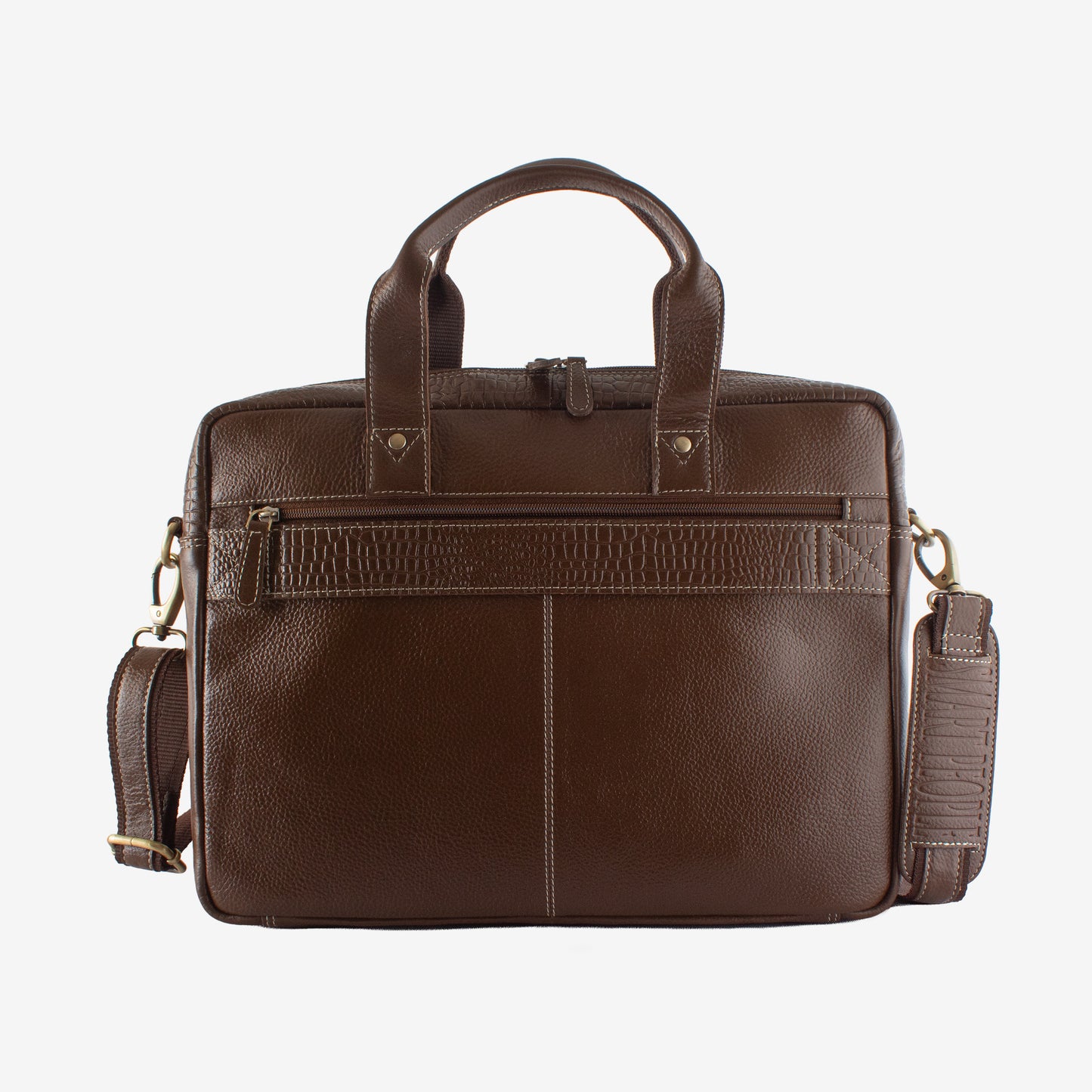 Brown leather briefcase with a shoulder strap on a white background
