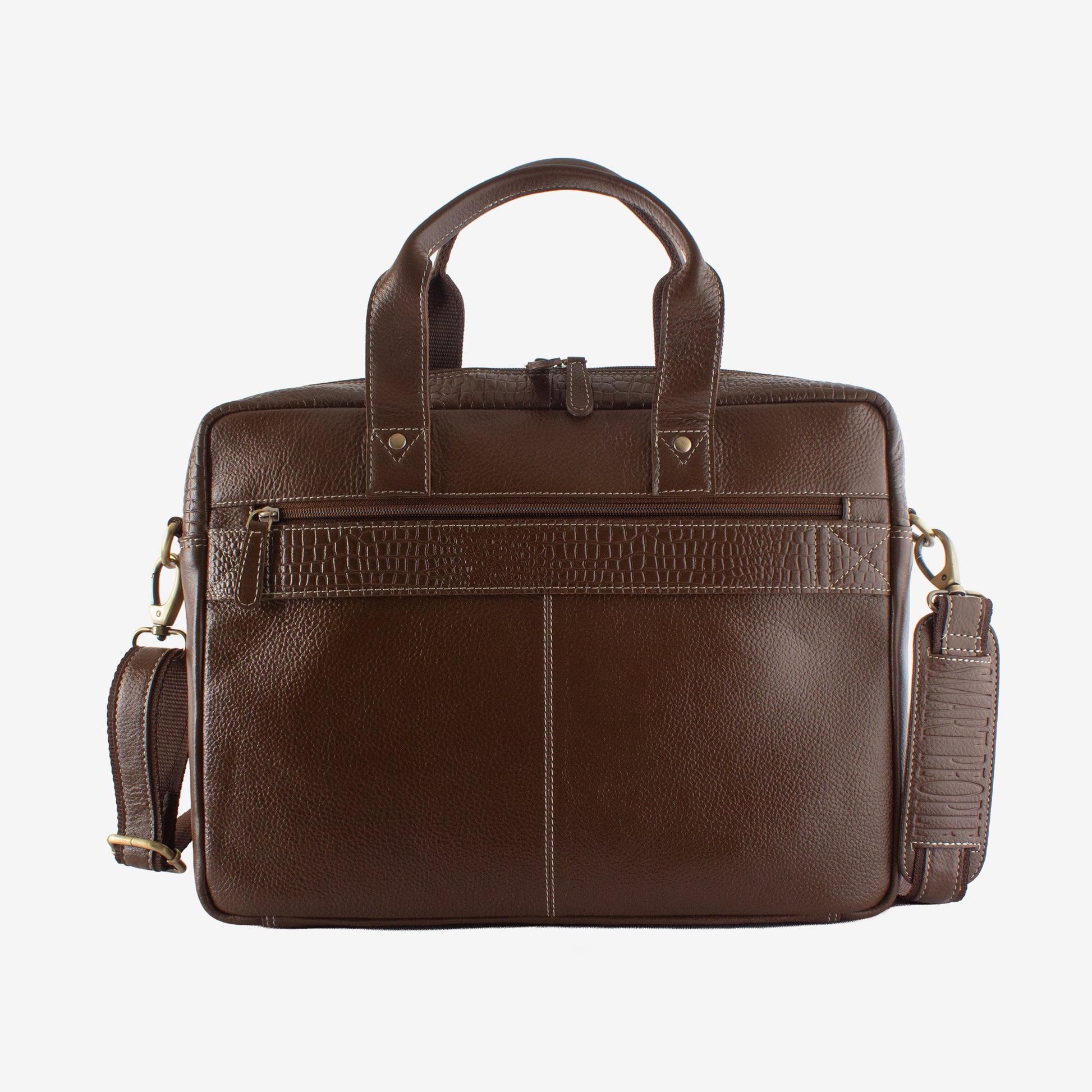 Brown leather briefcase with a shoulder strap on a white background