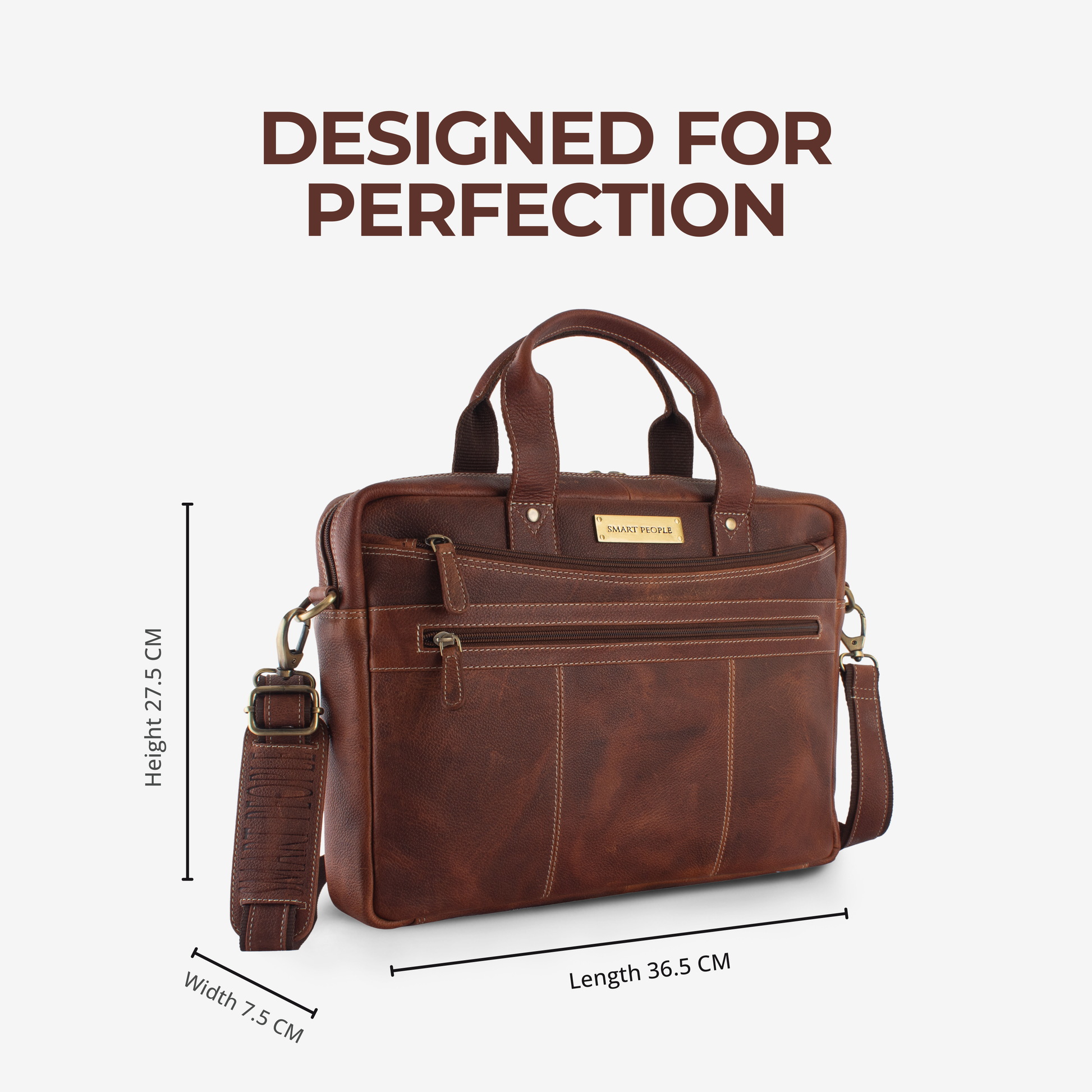 Brown leather briefcase with dimensions on a white background