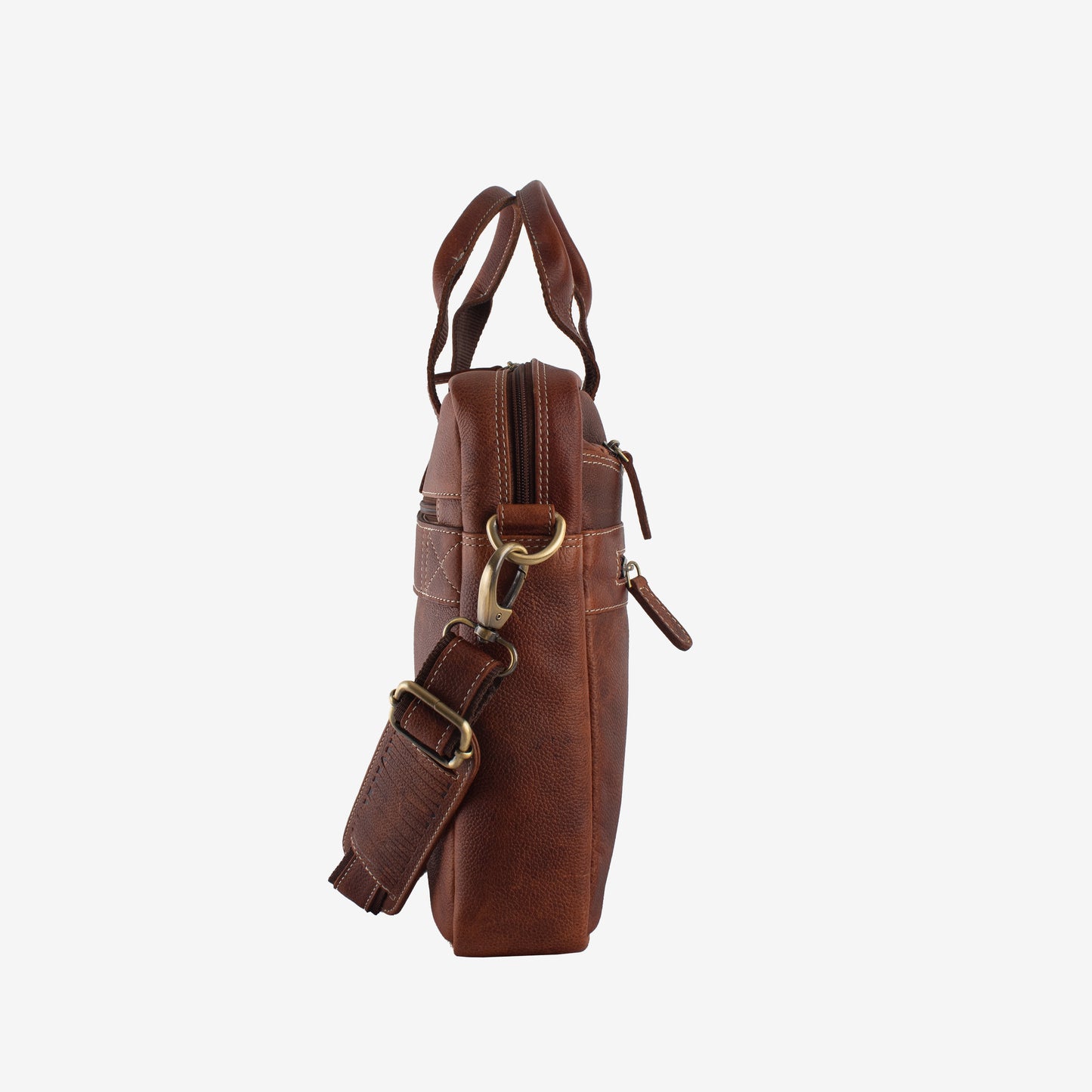 Brown leather bag with gold buckle on a white background