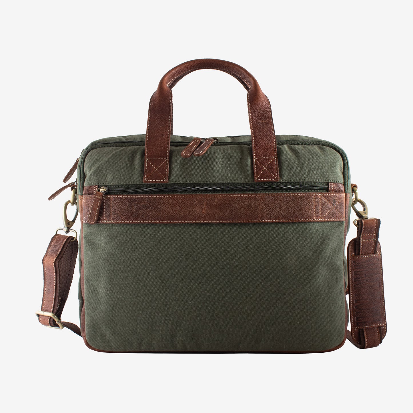 Green bag with brown leather straps on a white background