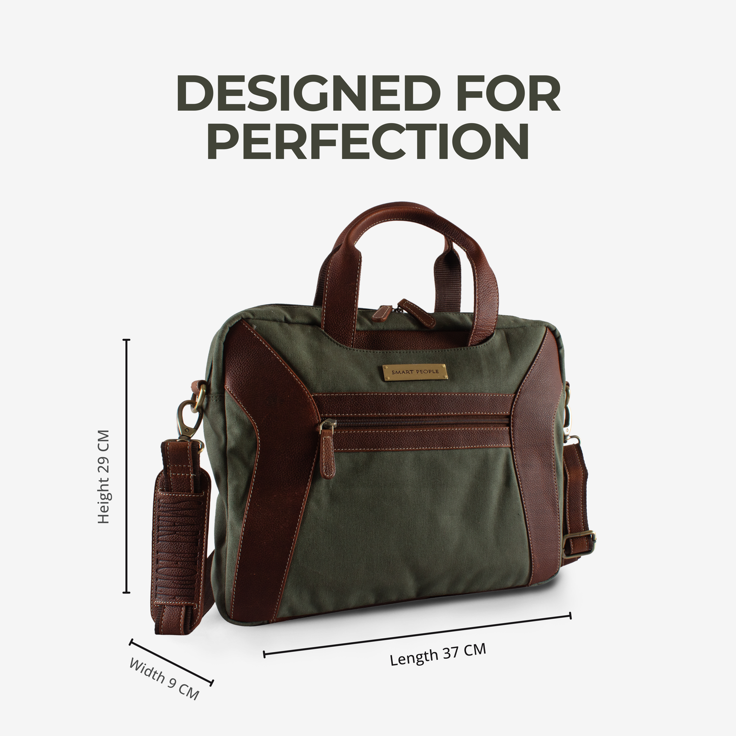 Green and brown canvas leather laptop bags for men with measurements on a white background