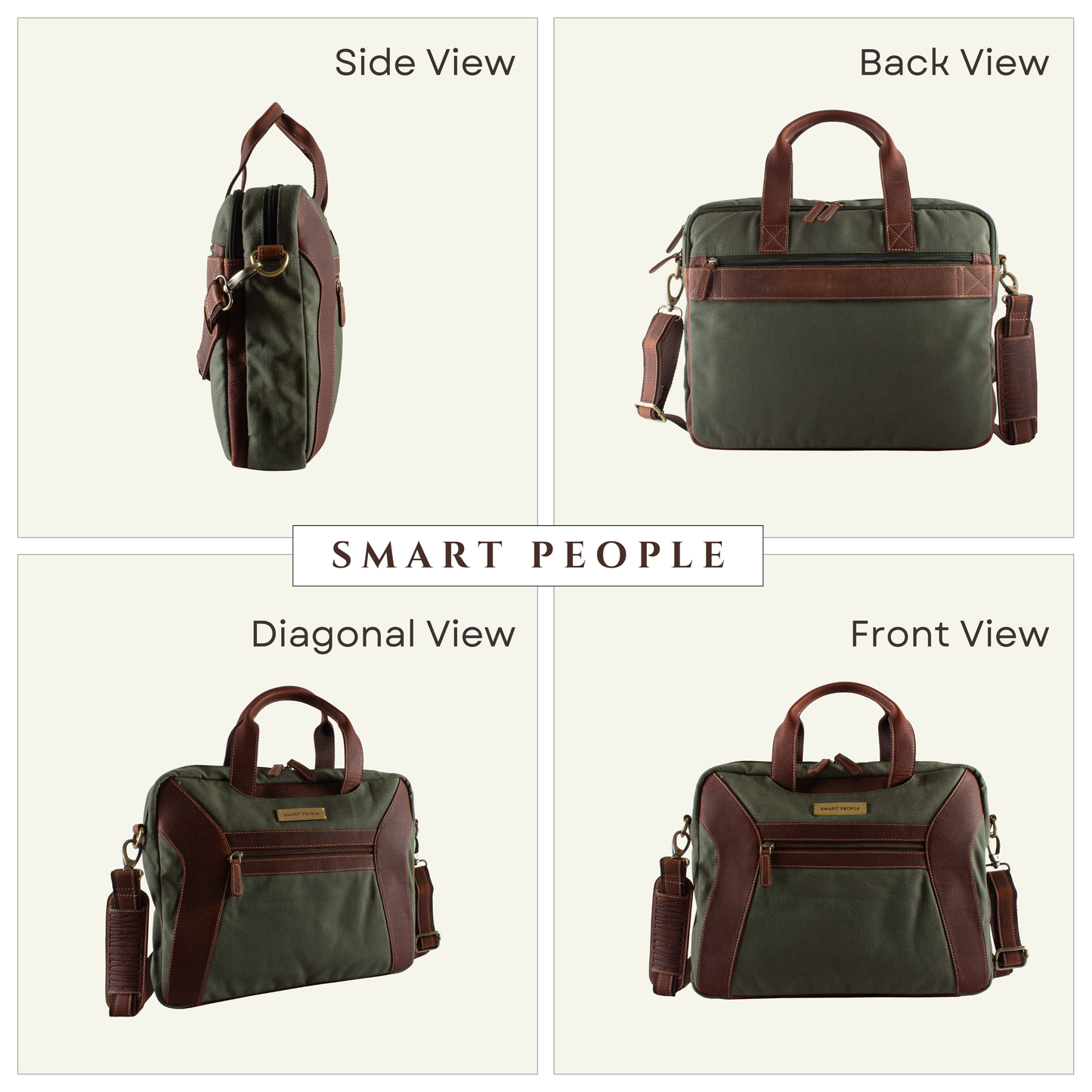 canvas leather laptop bags for men with brown handles and accents shown from multiple angles on a white background.