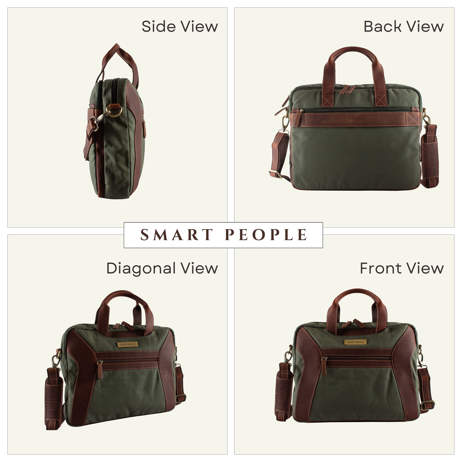 canvas leather laptop bags for men with brown handles and accents shown from multiple angles on a white background.