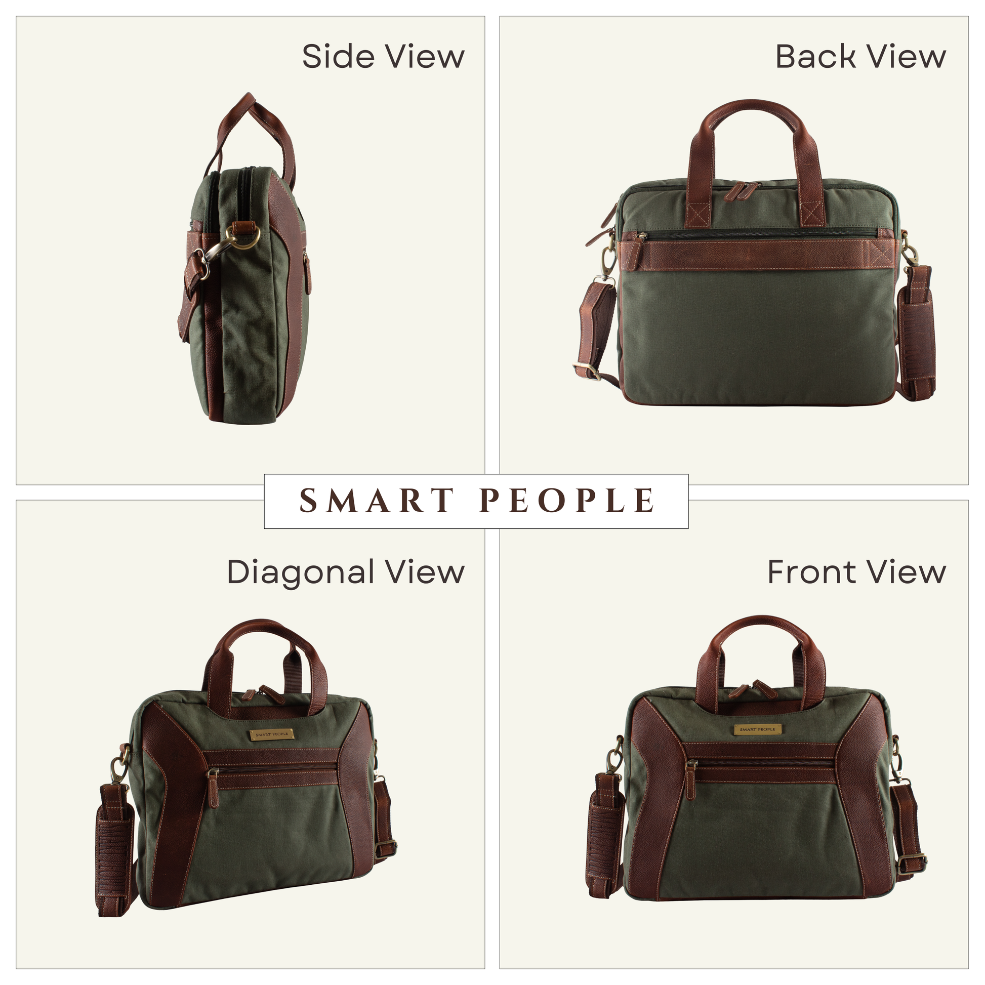 canvas leather laptop bags for men with brown handles and accents shown from multiple angles on a white background.