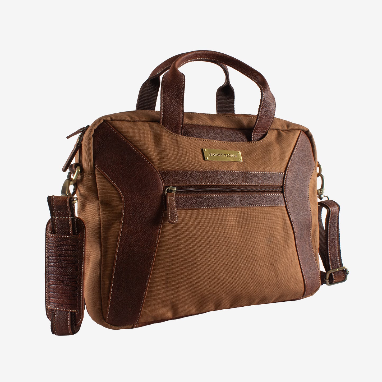 Brown canvas leather laptop bag with shoulder strap on a white background