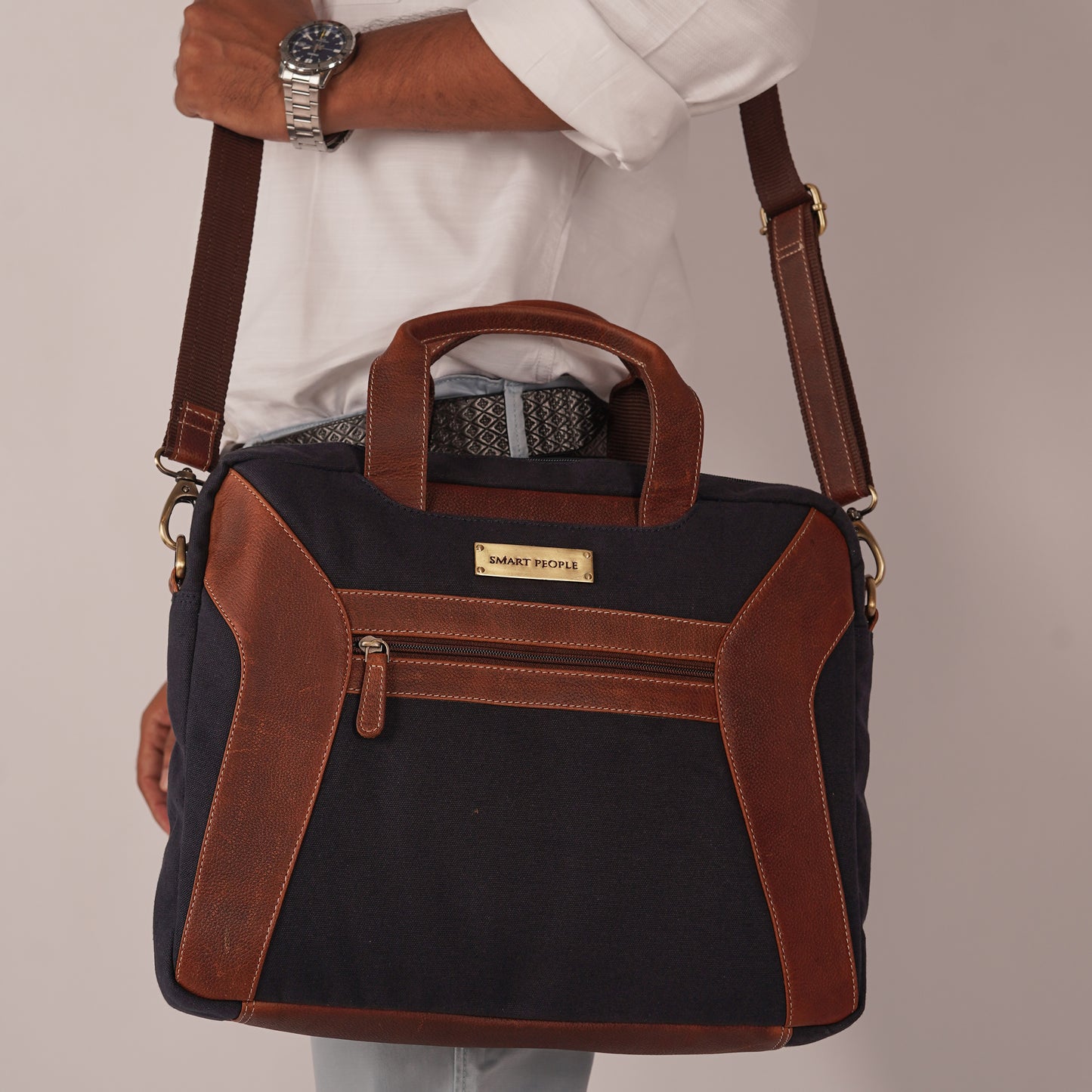 navy canvas tan leather laptop bag