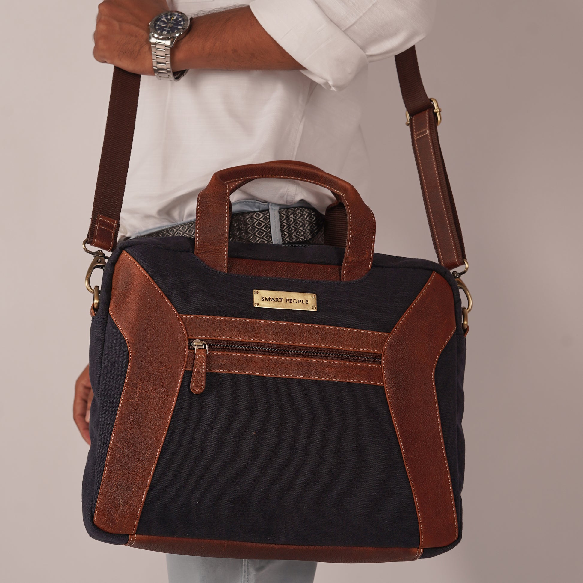 navy canvas tan leather laptop bag