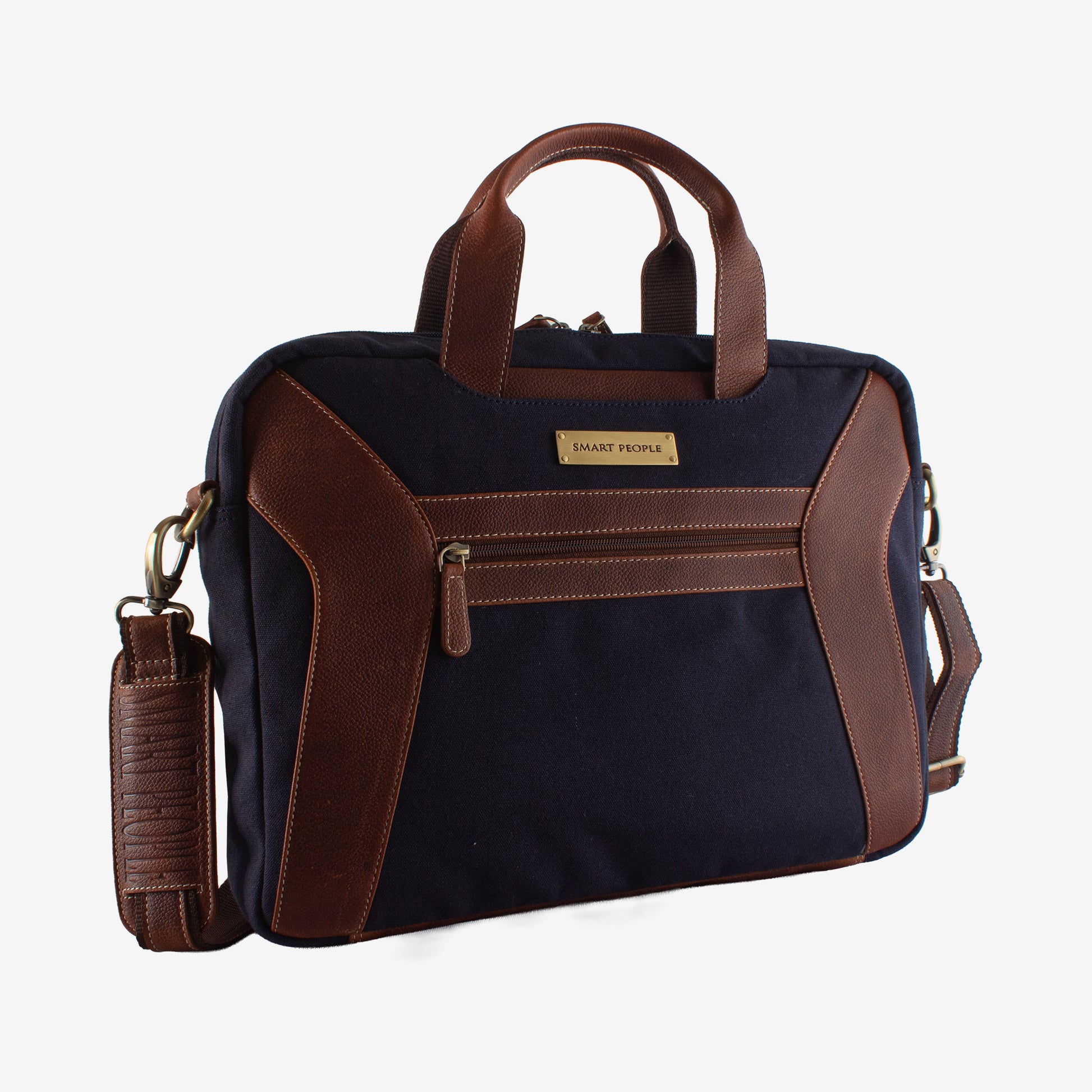 coder navy canvas tan leather laptop bag