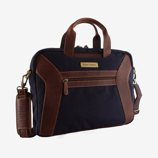 coder navy canvas tan leather laptop bag