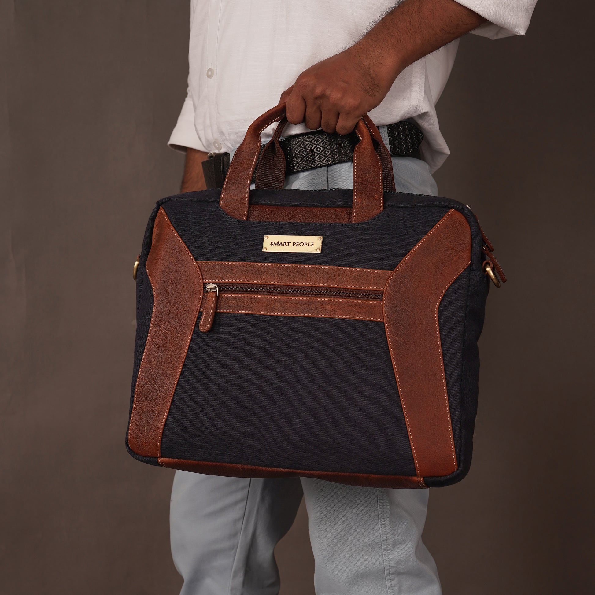 navy canvas tan leather laptop bag