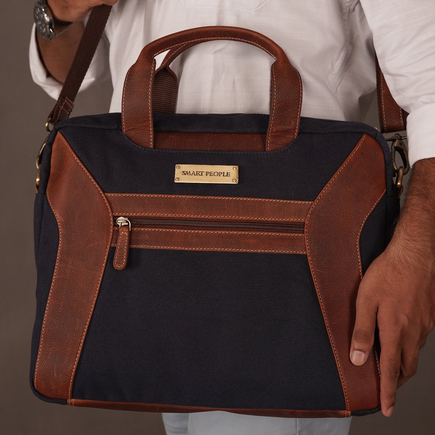 navy canvas tan leather laptop bag