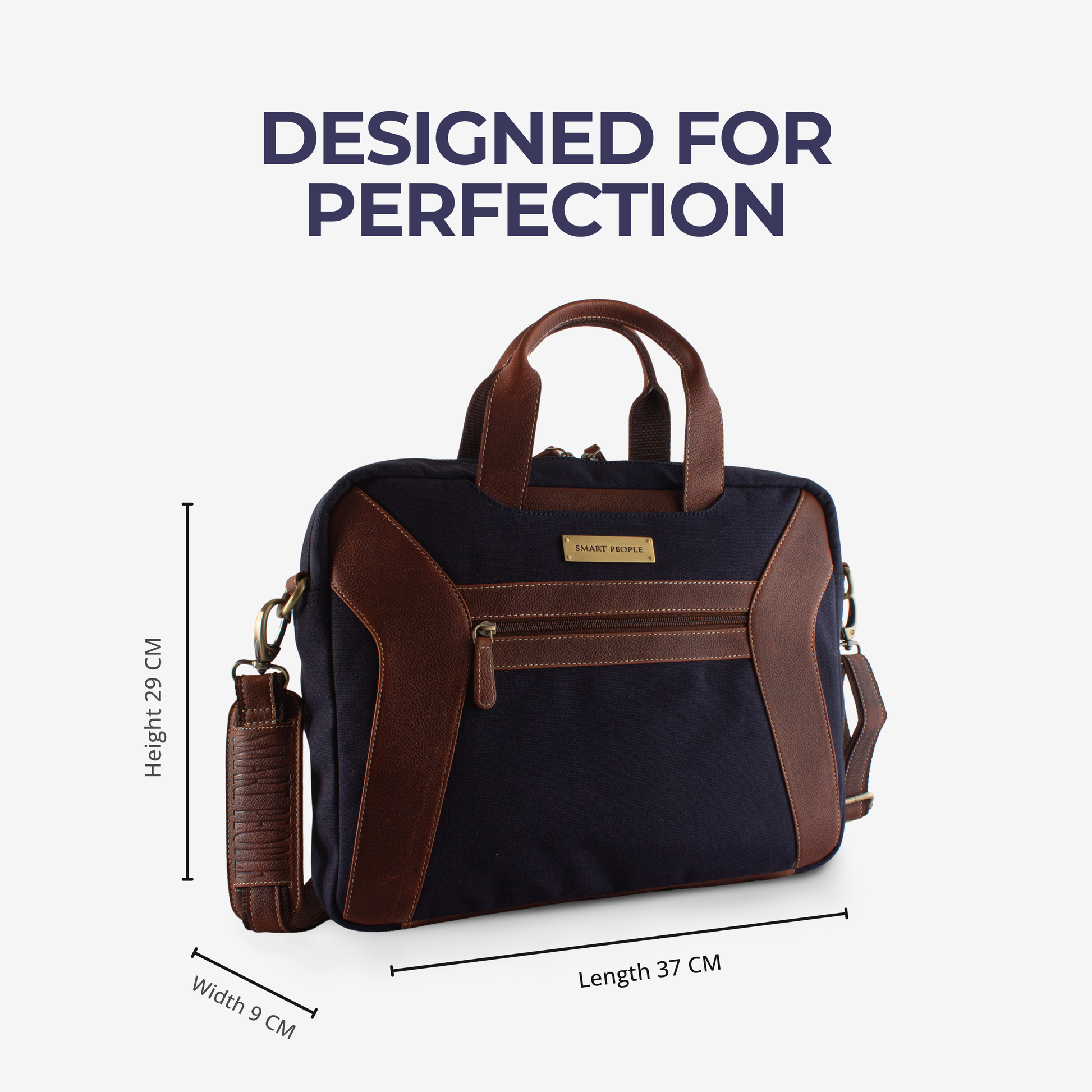Black and brown bag with measurements on a white background