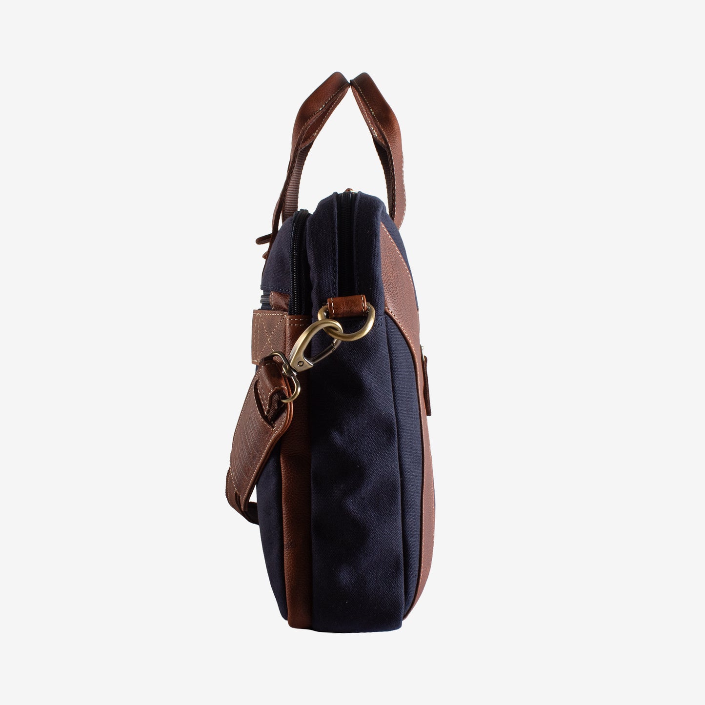 Navy blue bag with brown leather straps and accents on a white background