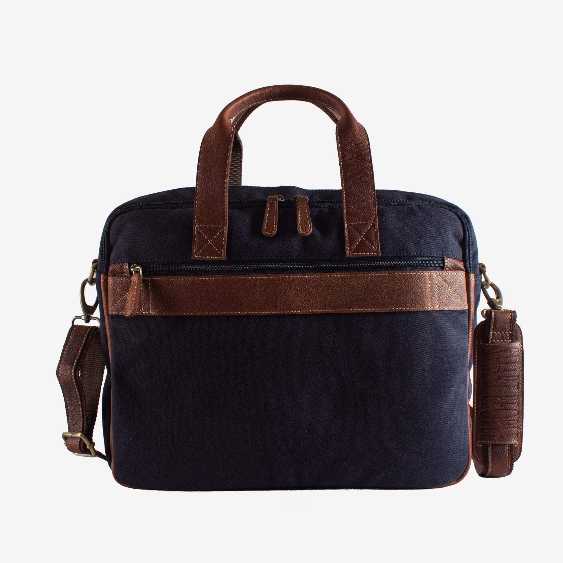 coder navy canvas tan leather laptop bag