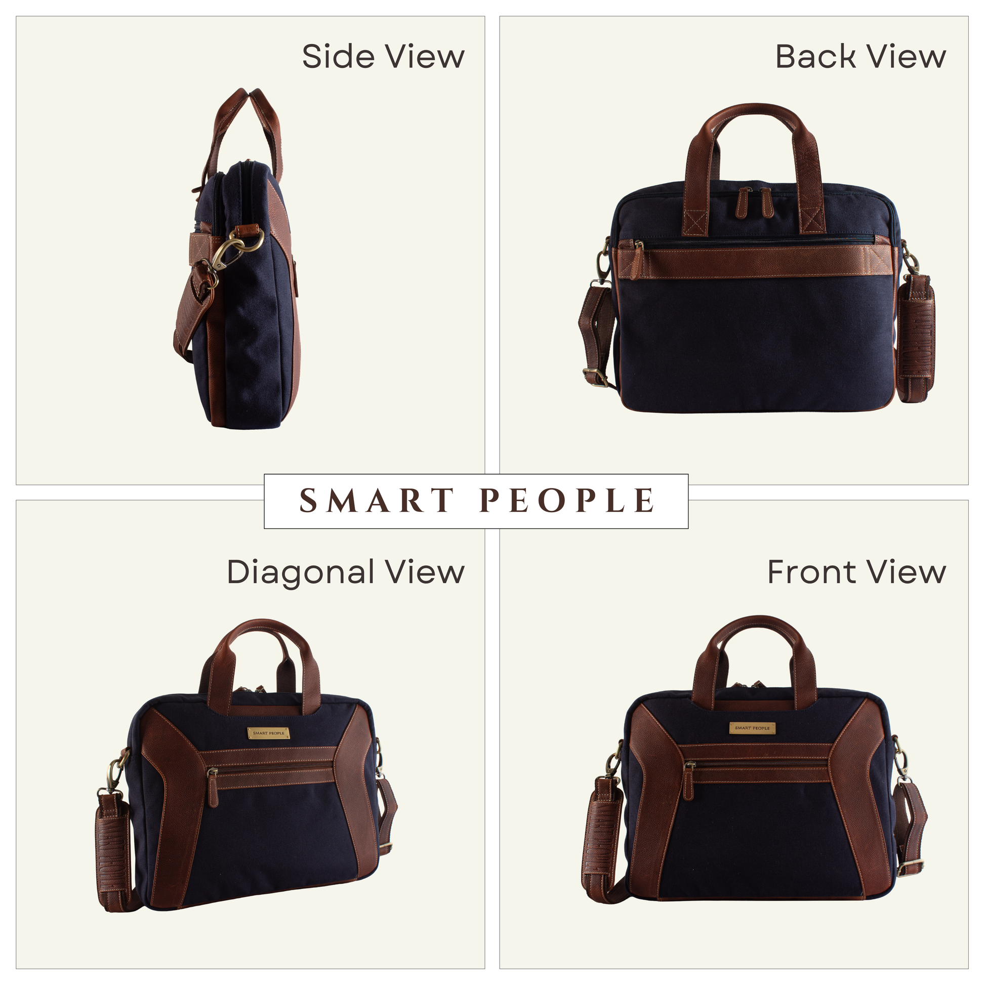 coder navy canvas tan leather laptop bag blue bag with brown handles and straps shown from multiple angles on a beige background.