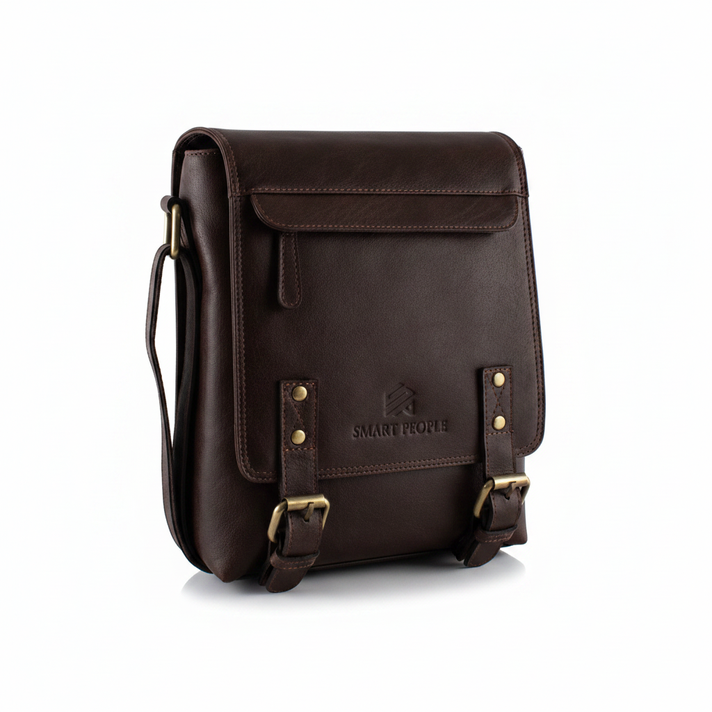 Altair - A dark brown leather crossbody bag with brass hardware, featuring a front flap pocket and adjustable side straps, shown on a clean white background