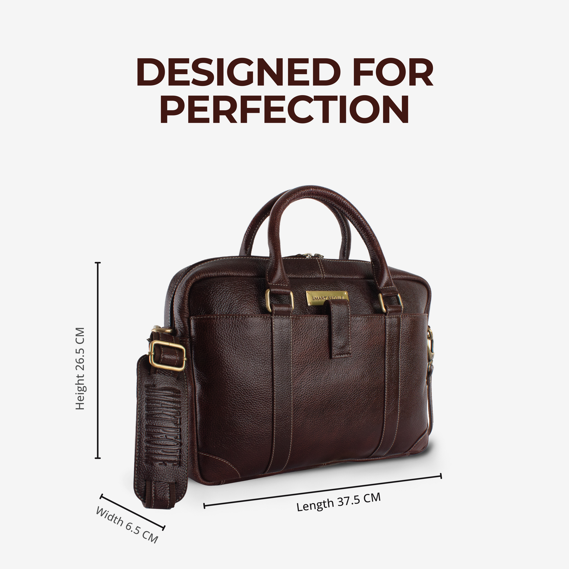 Brown leather briefcase with dimensions on a white background